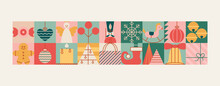 Christmas Seamless Block Banner With Toys, Balls, Star, Angel, Tree, Candy. Vintage Style Border