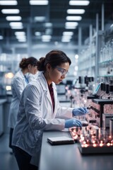 Poster - Close-up of the work of young female scientists in the laboratory. Research, analysis, experiments concepts
