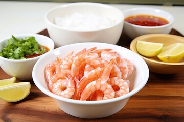 Wall Mural - raw shrimp with bowl of chili lime sauce nearby