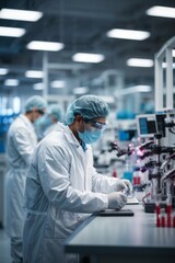 Aufkleber - Work in a medical laboratory. Young scientists, assistants, students wearing white coats and glasses conduct research, analyzes, work. Research, analysis, experiments concepts