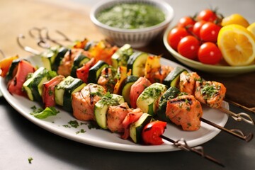 Wall Mural - skewer set with tomatoes, zucchini, and salmon