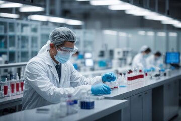 Aufkleber - A microbiologist wearing sterile clothes and glasses conducts research in the laboratory. Evolution, science, pandemic, medicine, health, technology concepts