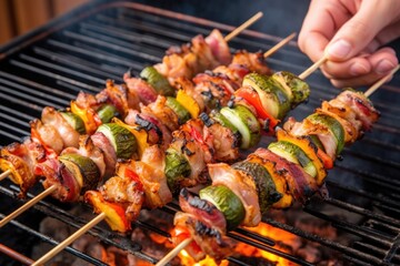 Wall Mural - grilled bacon-wrapped brussels sprouts on skewers held by tongs