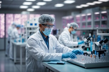Aufkleber - A modern bright laboratory equipped with instruments, microscopes, test tubes. Researchers conduct experiments, analyses in protective sterile suits