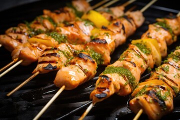 Sticker - marinade-soaked fish skewers staged for the grill