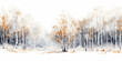 Watercolor American Aspen Trees in Colorado Rocky Mountains, Featuring Black and White and Orange Tree Trunk on White Background. Snowy Winter Christmas Banner with Birch Grove in the Winter Season.