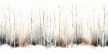 Watercolor American Aspen Trees in Colorado Rocky Mountains, Featuring Black and White and Orange Tree Trunk on White Background. Snowy Winter Christmas Banner with Birch Grove in the Winter Season.