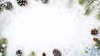© Prasanth - Christmas greeting card. Christmas frame border with copy space. Noel festive background. New year symbol. Fir branches snow and pine cones. Minimal flat lat xmas design
