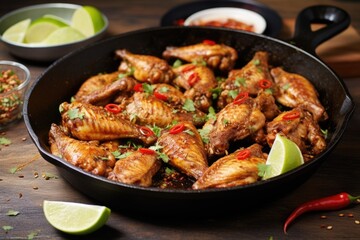 Sticker - chicken wings in a skillet, topped with chili slices