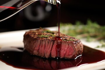 Poster - aromas rising from steak as red wine reduction is spread