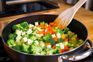 Wall Mural - shifting steamed veggies around in a pan with a wooden spatula