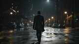Fototapeta  - a lonely tall man in black jacket on rainy street