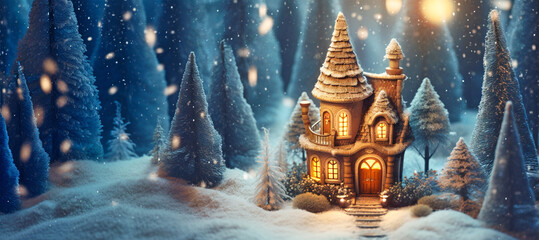 Wall Mural - A small fairy tale cottage in a winter snow covered forest, Christmas background with woodland house made by gnomes and trolls