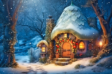 Wall Mural - A small fairy tale cottage in a winter snow covered forest, Christmas background with woodland house made by gnomes and trolls