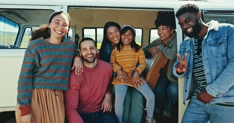 Poster - Adventure, happy and face of friends on road trip in a caravan having fun, bonding and laughing together. Smile, diversity and portrait of young people with shaka hand sign for outdoor vacation.