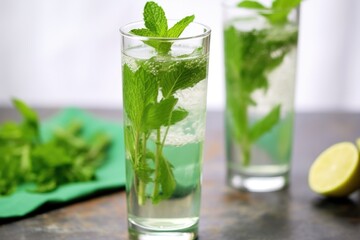 Wall Mural - a vertical shot of a mojito glass with mint leaves on the bottom