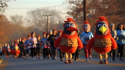 Runners of all ages participate in a Turkey Trot race, decked out in festive attire, promoting health and community on Thanksgiving. It's a display of awesome holiday fitness.