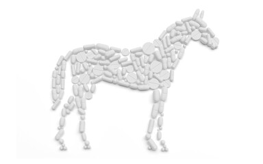 White tablets, pills and capsules. In the shape of a horse. 3d-Illustration. Isolated on white background.