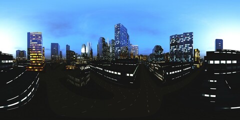 Wall Mural - Night city, Cityscape, Environment map, HDRI, equidistant projection, Spherical panorama, panorama 360, 3d rendering