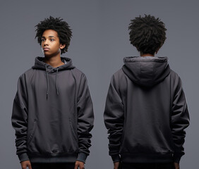 front and back view of a grey hoodie mockup for design print