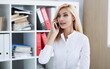 © H_Ko - Beautiful blonde smiling businesswoman talk cellphone in office portrait. Stay in touch best cellular price white collar busy life style electronic device store professional training concept