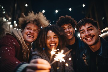 Merry Christmas and Happy New Year. Group of friends celebrating Christmas and holding sparklers enjoy and funny happy at home together.Happiness Christmas day or happy new year concept.