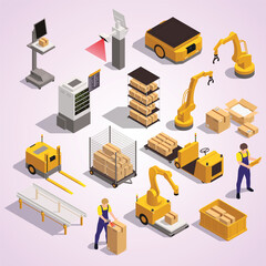 modern warehouse automated system elements isometric set with robotic arm conveyor storage tracking software isolated