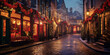 the cobble stone street is decorated with christmas