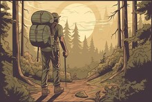 Art Illustration Of A Hiker In The Woods At Sunrise