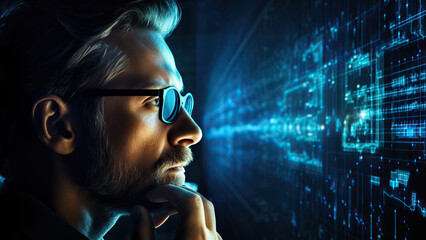 Fototapete - A person thought in front of a screen of graphics and statistics in dark colors.