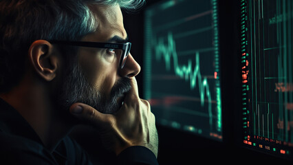 Fototapete - A person thought in front of a screen of graphics and statistics in dark colors.
