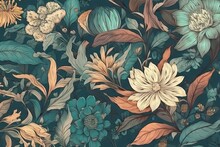 Vintage Floral Pattern On Dark Teal Background