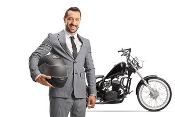 Sticker - Businessman holding a helmet and standing in front of a chopper