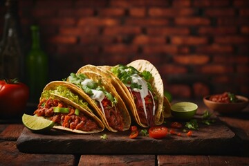 Wall Mural - tacos with a rustic red brick background