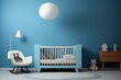 Minimalist blue nursery room for boy or girl. Baby room interior, in soft pastel colors, scandinavian style