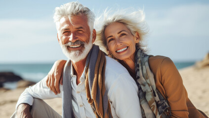 Wall Mural - Active old age. An elegant middle-aged elderly couple, dressed in modern clothes, leads an active lifestyle. They smile while hiking, filled with the beauty of nature during their active retirement.