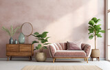 Fototapeta  - Pink velvet loveseat sofa, wooden cabinet and potted houseplant against venetian stucco wall. Scandinavian home interior design of modern living room.