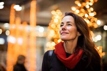 Wall Mural - Portrait of beautiful woman with christmas lights in the background.