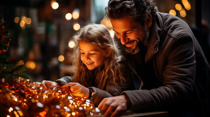 Canvas Print - Padre e hija decorando un árbol de Navidad