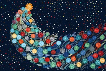 Christmas creative cartoon trees drawn on a blue dark background, spiral patterns, unusual shape, dots, circles. futuristic new year card