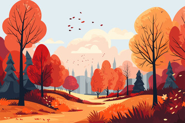 Fall autumn landscape background vector, simple abstract style. Good for fashion fabrics, children’s clothing, postcards, social post, books, wallpaper, banner, events, covers, advertising, and more.