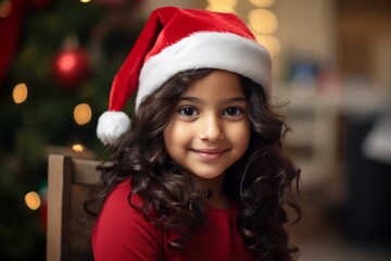 christmas, holidays and people concept - smiling little girl in santa helper hat over living room background