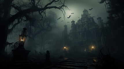 Wall Mural - Haunted mansion covered with fog, night scene. Creepy house covered with vines. Halloween concept. Generative AI