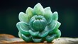 Green jade stone carving depicting a sacred lotus flower in bloom outside in a tranquil and peaceful zen garden, close up macro.  