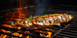 Yellow Fin Fish on BBQ stock photo Grilled dorado fish cooking process fish barbecue Close up of seafood grilled fish food with salt on the grill fire and smoke with dark background Ai Generative

