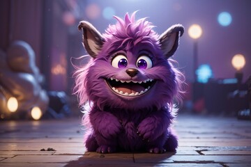Sticker - Cute purple monster 3D cartoon character. Generative Ai.