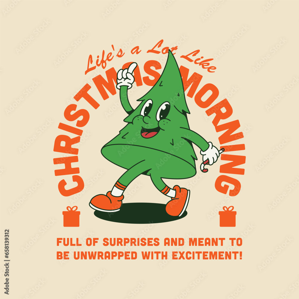 CHRISTMAS TREE RETRO MASCOT CARTOON ILLUSTRATION