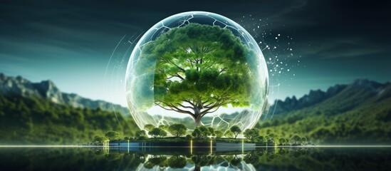 Poster - digital ball juxtaposed with natural elements incorporating convergence and technology ideas of ecol