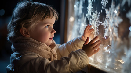 Wall Mural - The child glues snowflakes on the windows. Home decoration for Christmas.