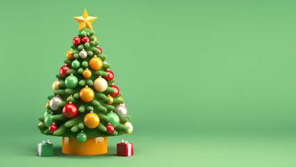 3d Christmas tree isolated on green background. Merry Christmas and Happy New Year concept.